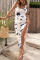 Colour Casual Print Patchwork Draw String Slit U Neck One Step Skirt Dresses