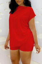 Red Casual Solid Patchwork Oblique Collar Short Sleeve Two Pieces