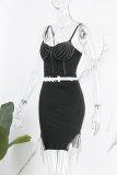 Black Sexy Patchwork Hot Drilling Tassel Backless Spaghetti Strap Sleeveless Two Pieces