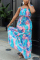 Blue Casual Sweet Cute Vacation Floral Printing Smocking Square Collar Long Dress Dresses
