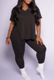 Black Casual Solid Slit V Neck Plus Size Two Pieces