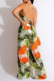 Green Casual Print Bandage Backless O Neck Sleeveless Two Pieces