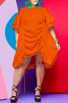 Orange Casual Solid Fold O Neck Short Sleeve Dress Plus Size Dresses