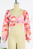 Rose Red Sexy Casual Print Basic U Neck Tops