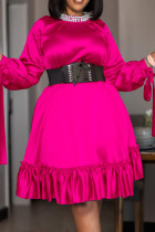 Rose Red Casual Elegant Solid Bandage Patchwork Flounce Beading With Belt O Neck A Line Dresses