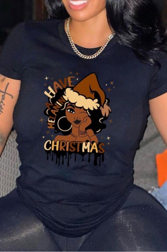 Black Casual Print Basic O Neck T-Shirts