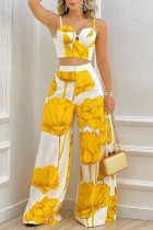 Yellow Sexy Casual Print Backless Spaghetti Strap Sleeveless Two Pieces