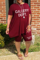Burgundy Casual Letter Print Basic O Neck Plus Size Two Pieces
