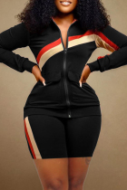 Black Casual Striped Patchwork Zipper Collar Long Sleeve Two Pieces