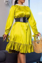Yellow Casual Elegant Solid Bandage Patchwork Flounce Beading With Belt O Neck A Line Dresses