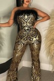 Gold Sexy Patchwork Sequins Backless Strapless Skinny Jumpsuits