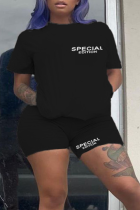 Black Casual Print Letter O Neck Plus Size Two Pieces