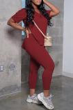 Burgundy Casual Solid Slit V Neck Plus Size Two Pieces