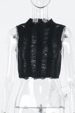 Black Sexy Solid Hollowed Out Patchwork O Neck Tops