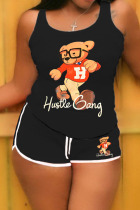 Black Casual Sportswear Character Patchwork U Neck Sleeveless Two Pieces