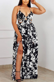 Black Sexy Vacation Floral Hollowed Out Backless Slit Printing Halter Long Dress Dresses