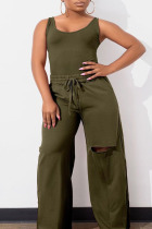 Army Green Casual Solid Hollowed Out Patchwork U Neck Plus Size Two Pieces