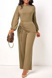 Brown Casual Solid Patchwork Draw String O Neck Straight Jumpsuits