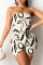 Rose Red Sexy Print Patchwork Backless Strapless Sleeveless Dress Dresses