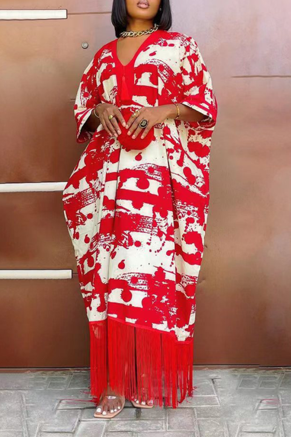 Red Casual Print Tassel V Neck Straight Dresses