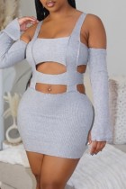 Grey Sexy Casual Solid Hollowed Out Backless Spaghetti Strap Long Sleeve Dresses
