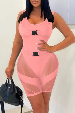 Pink Sexy Solid Patchwork U Neck Skinny Rompers