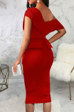 Red Sexy Solid Patchwork Oblique Collar One Step Skirt Dresses