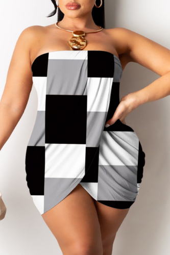 Black Gray Sexy Print Patchwork Backless Strapless Sleeveless Dress Dresses