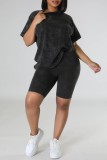 Black Casual Tie Dye Basic O Neck Short Sleeve Two Pieces