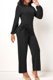Black Casual Solid Patchwork Draw String O Neck Straight Jumpsuits