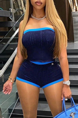 Blue Sexy Solid Patchwork Strapless Sleeveless Two Pieces