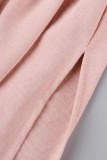 Pink Casual Solid Patchwork Buckle Slit Turndown Collar Short Sleeve Two Pieces