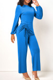 Royal Blue Casual Solid Patchwork Draw String O Neck Straight Jumpsuits