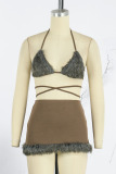 Brown Sexy Solid Patchwork Feathers Halter Sleeveless Two Pieces