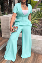 Green Casual Solid With Belt O Neck Boot Cut Jumpsuits