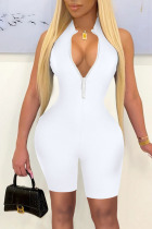 White Casual Sportswear Solid Patchwork Zipper Collar Skinny Jumpsuits