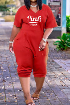 Red Casual Print Patchwork V Neck Loose Jumpsuits
