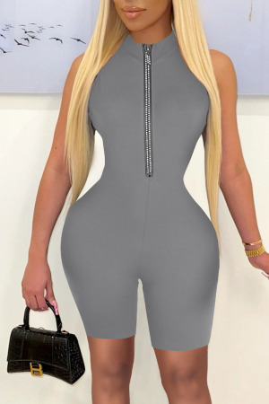 Grey Casual Sportswear Solid Patchwork Zipper Collar Skinny Jumpsuits