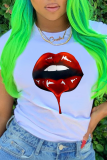 White Casual Lips Printed Patchwork O Neck T-Shirts