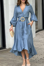Light Blue Casual Solid Patchwork With Belt V Neck Long Sleeve Dresses
