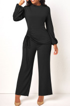 Black Casual Solid Patchwork Draw String O Neck Straight Jumpsuits