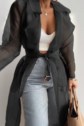 Black Casual Solid Cardigan Turndown Collar Outerwear