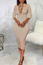 Apricot Sexy Solid Patchwork Draw String Backless Zipper Collar Pencil Skirt Dresses