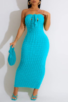 Sky Blue Sexy Solid Bandage Patchwork Strapless Pencil Skirt Dresses