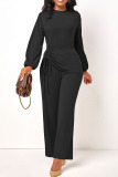Black Casual Solid Patchwork Draw String O Neck Straight Jumpsuits