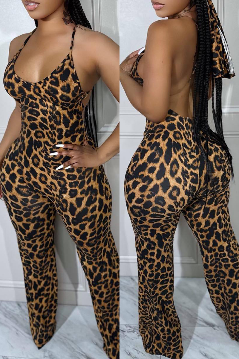 Wholesale Leopard Print Sexy Casual Print Leopard Backless Spaghetti Strap Skinny Jumpsuits