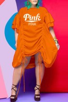 Orange Casual Print Letter O Neck Pleated Plus Size Dresses