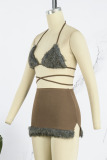 Brown Sexy Solid Patchwork Feathers Halter Sleeveless Two Pieces