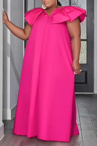 Rose Red Casual College Solid Patchwork V Neck Straight Plus Size Dresses