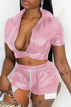 Pink Sexy Solid Draw String Turndown Collar Short Sleeve Two Pieces